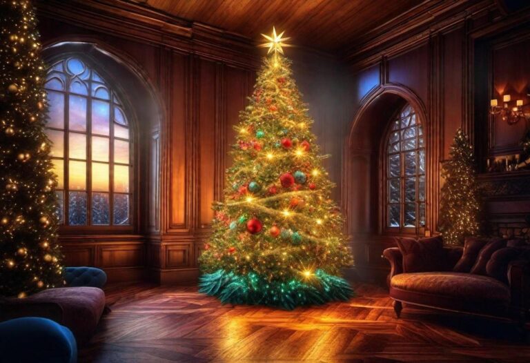 Verlichte kerstboom met stralende ster in een warme huiskamer, met ramen die uitkijken op een donker winterbos — symbool van innerlijk licht in de decemberstilte.