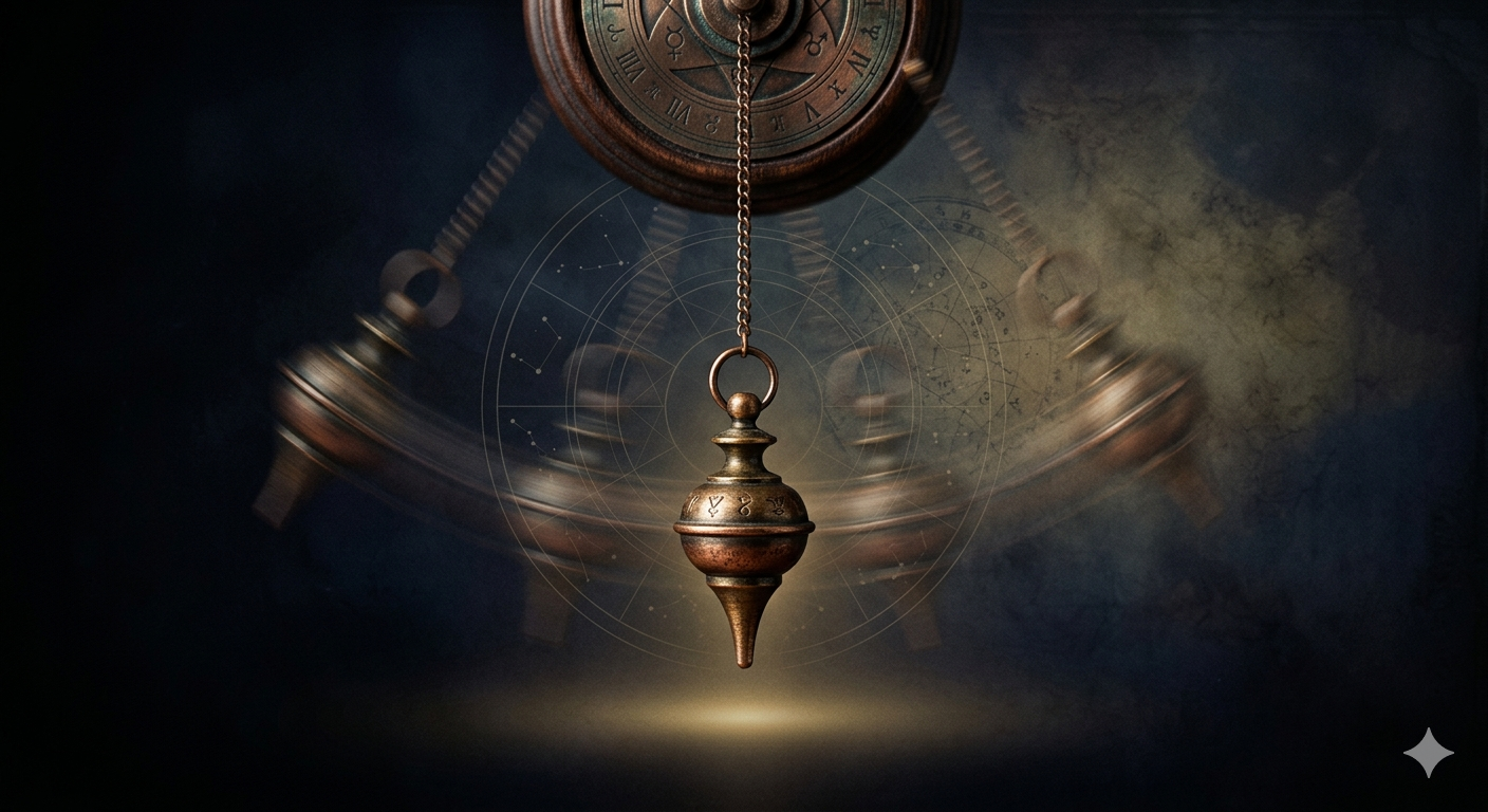 Een stilstaande pendule die toch lijkt te slingeren, als symbool voor de paradox van tijd: voortdurende beweging gedragen door een onbeweeglijk midden.