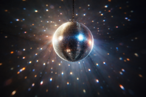 Het leven is een feest weergegeven als een discobal met lichtreflecties die zich verspreiden in kleurrijke stralen
