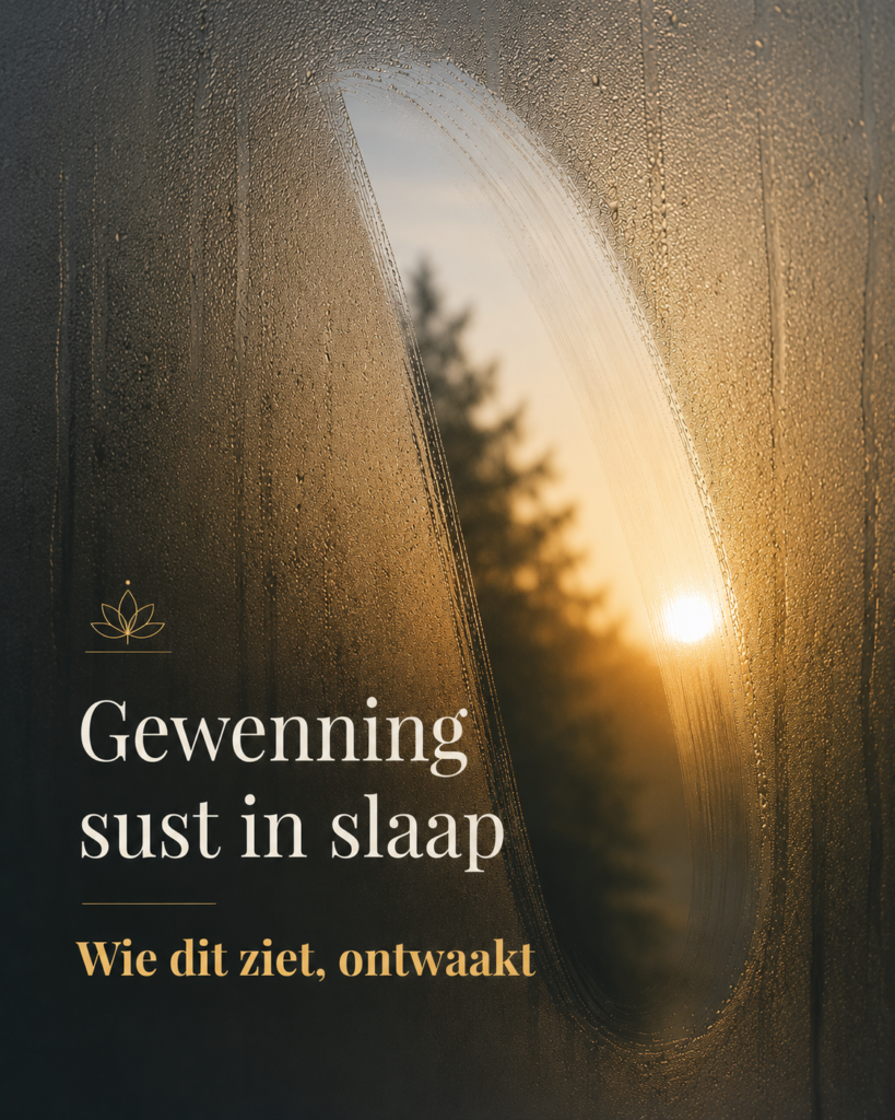 Beslagen spiegel in warm ochtendlicht met een heldere, weggeveegde streep waardoor zonlicht zichtbaar wordt. Op de afbeelding staat de tekst: “Gewenning sust in slaap — Wie dit ziet, ontwaakt.”