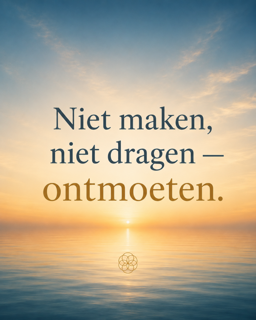 Rustige horizon waar zee en lucht in elkaar overvloeien bij zonsopkomst, met de tekst: "Niet maken, niet dragen — ontmoeten".