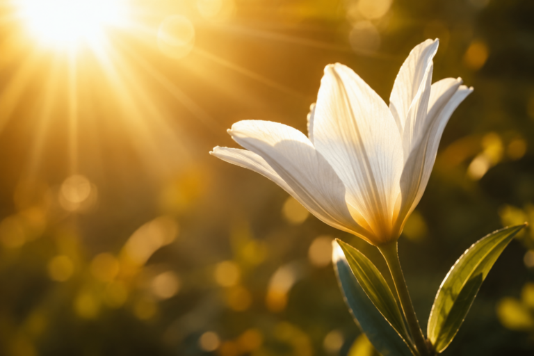 Bloem in warm zonlicht als symbool voor zichzelf bezielen en innerlijke ontplooiing.